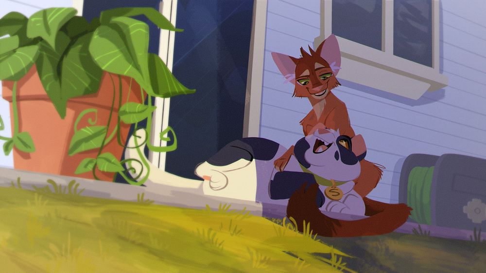 Illustration of Fireheart and Smudge, sitting together outside of a house, both partially in shadow. Smudge lays on his side looking up at Fireheart, both smiling at each other.