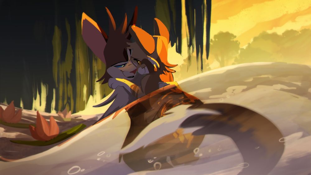 Illustration of Leafpool and Hawkfrost in the water. Their smiling faces are close together as Hawkfrost holds Leafpool above the surface.