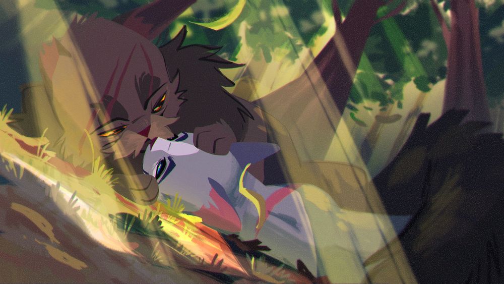 Illustration of Yellowfang and Bluestar lying together on the forest floor. Beams of light shine through the leaves above as they touch noses affectionately.