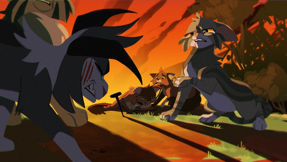 Illustration of Leafpool, Hawkfrost, Brambleclaw, Squirrelflight and Firestar. Leafpool stands before Hawkfrost, having just clawed him across the face, tears in her eyes. In the background, Squirrelflight helps an injured Firestar. The shadow from the fox trap in the ground cuts between Leafpool and Hawkfrost, separating them.