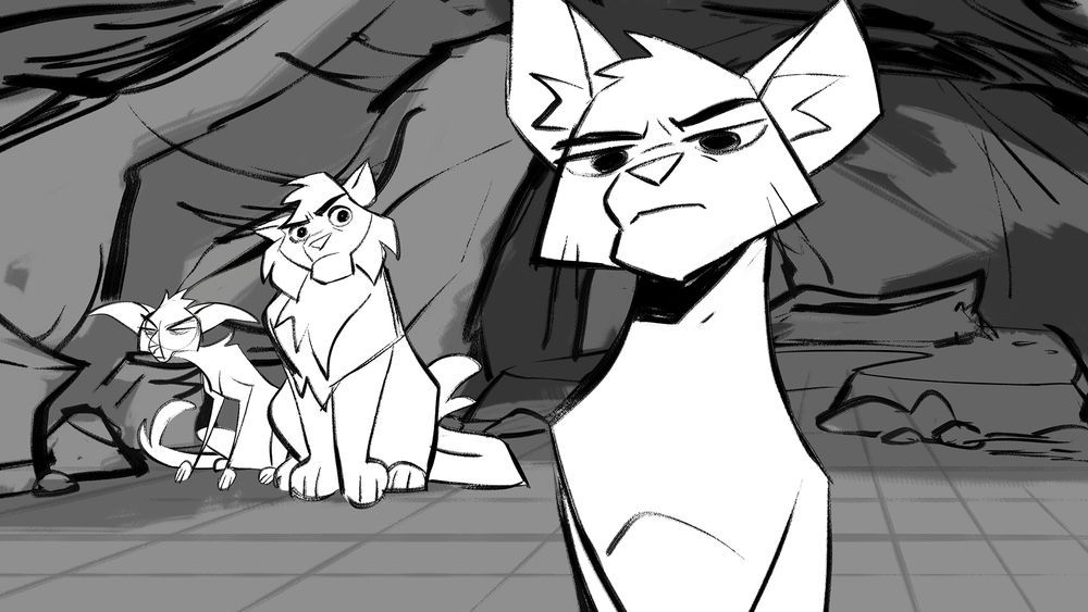 Uncolored sketch of three cats sitting in a cave. The front cat (Firestar) is looking ahead with a stern expression. Behind him sit are Brambleclaw (tilting his head to look at Firestar, confused) and Jayfeather (looking bored).