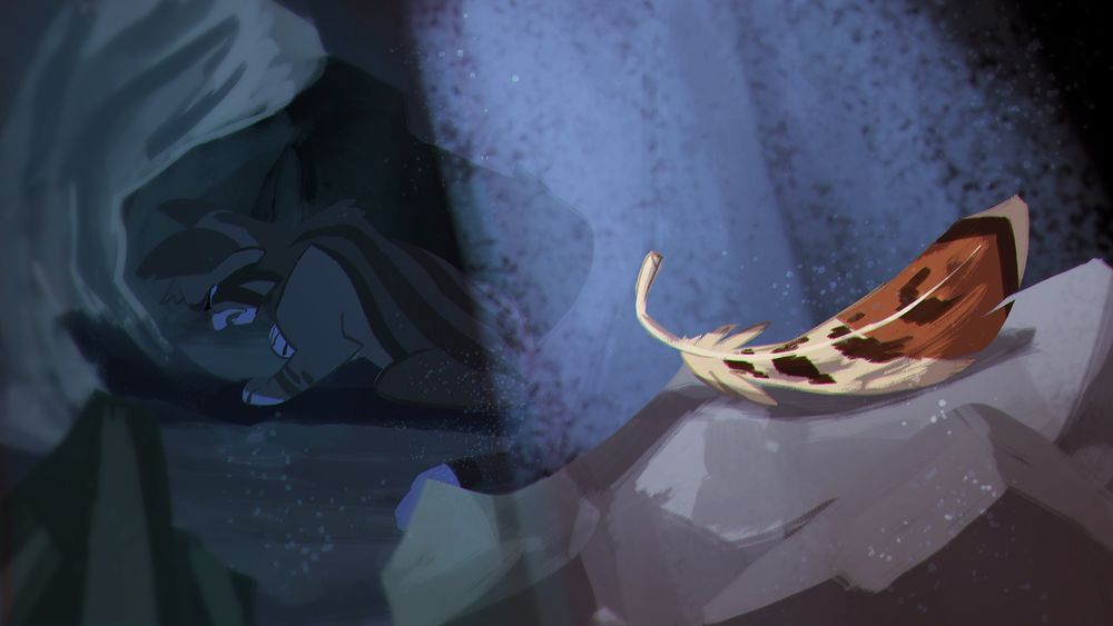 An illustration of Leafpool in a dark cave, crying. In the foreground, a hawk feather sits in a beam of light.