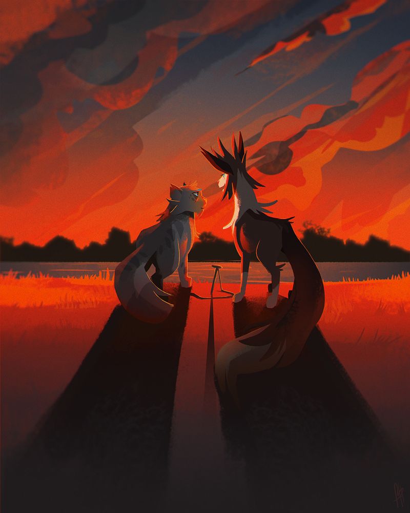 Two cats (right, Hawkfrost; left, Ashfur) standing at a river's edge at sunset with intense red lighting and long, dark shadows.. Between them is the stake of a fox trap.