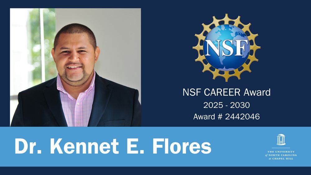 Dark blue background with a photo of Kennet E. Flores, his name, the NSF logo, and the text "NSF CAREER award 2025-2030 Award # 2442046"