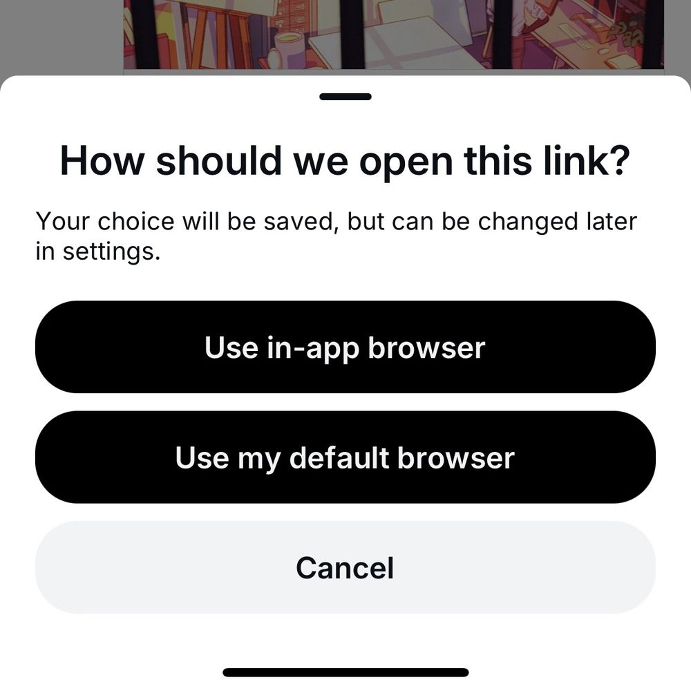 Screenshot of Bluesky dialog asking if I want to use in-app browser or default browser to open links 