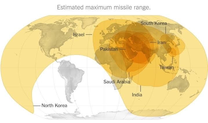 Mapa mostrando o alcance dos mísseis, ficando de fora apenas a América do Sul 