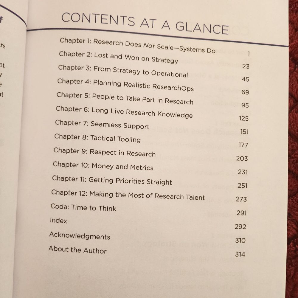 The table of contents from Kate Towsey's book, "Research That Scales"