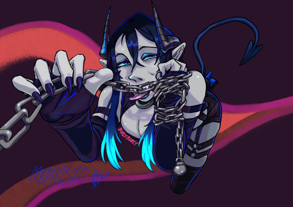 The image features a stylized character with blue hair and horns, depicted in a dynamic pose. The character is wearing a revealing outfit adorned with chains and straps, emphasizing a bold aesthetic. Their hands are prominently displayed, with long, pointed nails gripping a chain. The background is dark with vibrant colors, creating a striking contrast. The character's expression and posture suggest a confident demeanor. The name of the subject, "Mephisto" is signed with a heart in the corner. 