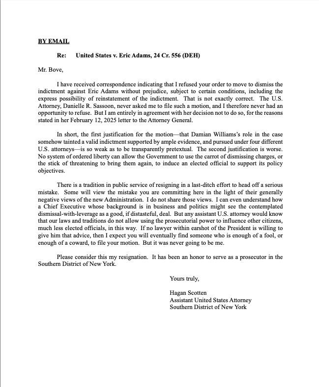 Resignation letter from prosecutor Hagan Scotten to Emil Bove, US Deputy Attorney General.

Text available as pdf: https://static01.nyt.com/newsgraphics/documenttools/7c71f04757006735/05b1f604-full.pdf