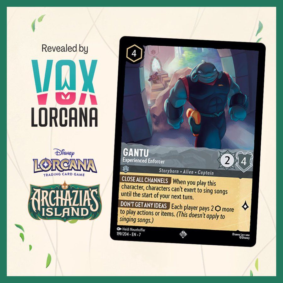 disney lorcana trading card reveal by vox lorcana for the set archazia's island: a steel ink card of captain gantu from lilo and stitch titled 'experienced enforcer.' He's walking smugly away from a trap set for Jumba and Pleakley in the far background. Illustrated by Heidi Neunhoffer