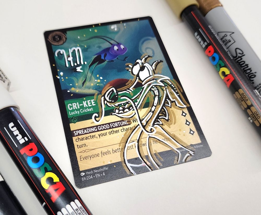 Black and white sketch commission of Mushu smiling on the Disney Lorcana card Cri-Kee Lucky Cricket