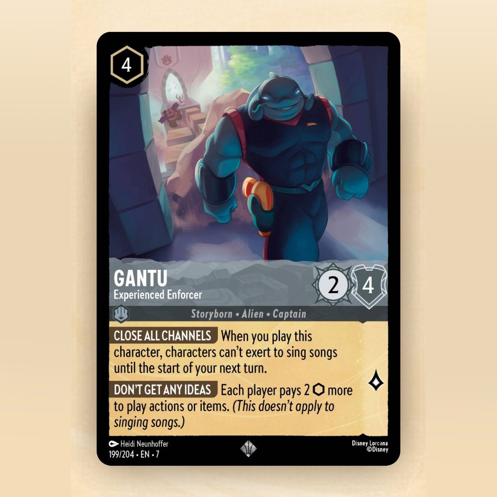image of the full disney lorcana card 'gantu experienced enforcer' illustrated by heidi neunhoffer-- gantu is walking towards camera with an evil smirk on his face, while in the far background jumba and pleakley appear to be stumbling into a trap he set for them-- a giant rock is rushing in to block the path behind him
