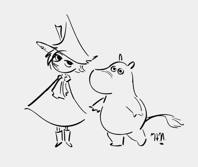 black and white doodle of snufkin and moomin