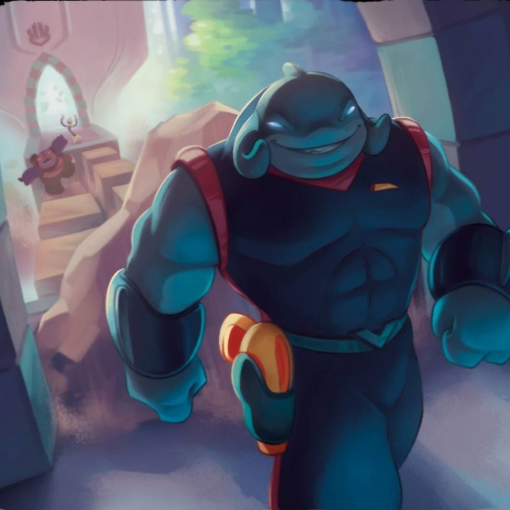close up of the illustration from the disney lorcana card gantu experienced enforcer-- gantu is walking towards camera with an evil smirk on his face, while in the far background jumba and pleakley appear to be stumbling into a trap he set for them-- a giant rock is rushing in to block the path behind him
