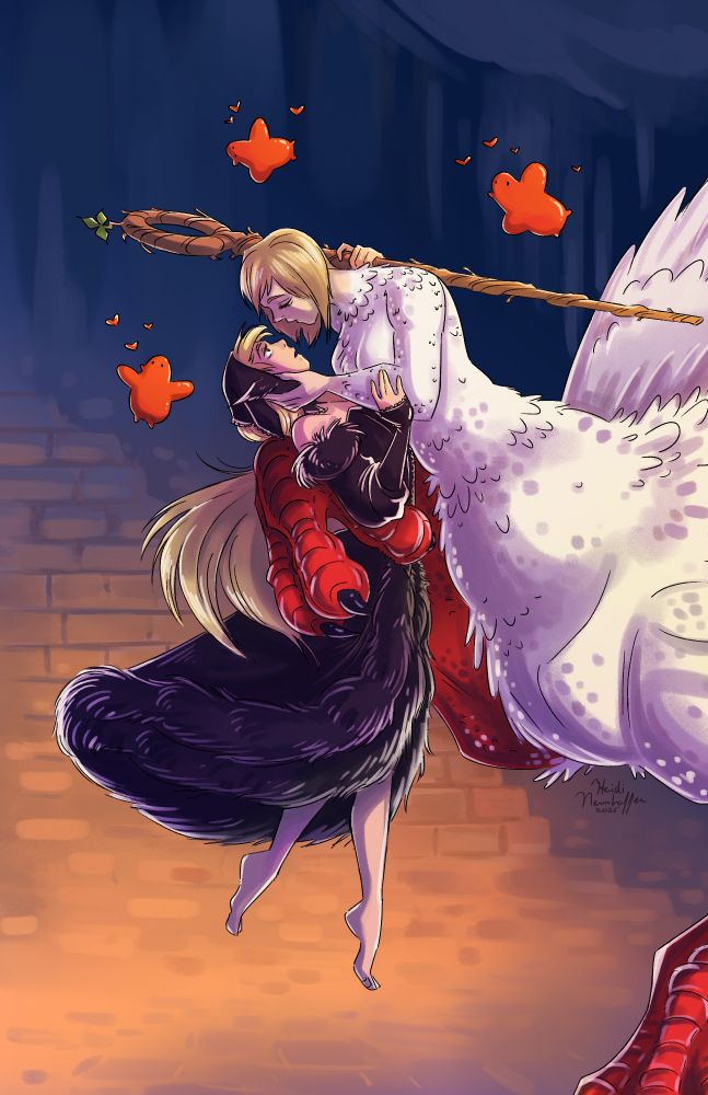 Color Dungeon Meshi illustration of chimera form Falin cradling Marcille with her human arm and a dragon arm-- Marcille is wearing her black dress and hanging in midair, their faces inches apart, as if about to kiss