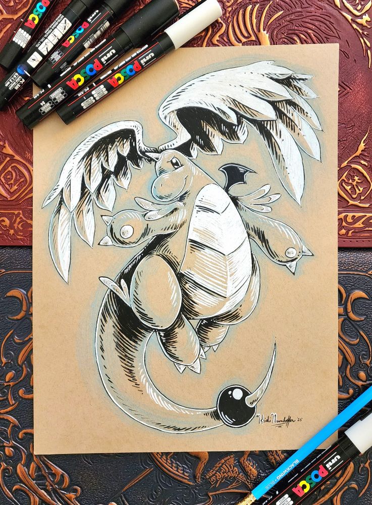 Traditional black and white marker drawing with blue colored pencil undersketch of Mega Dragonite from Pokemon Legends ZA on toned paper