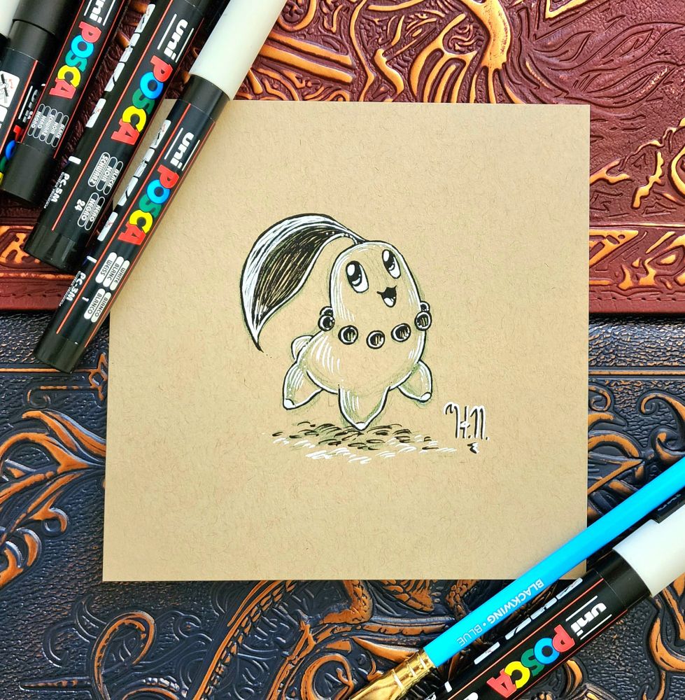 Traditional black and white marker drawing of Chikorita with a green colored pencil under sketch on toned paper