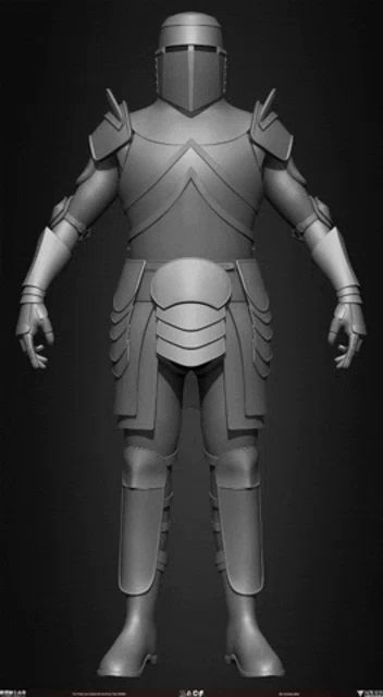 a 3d model of a knight 's armor is displayed on a dark background