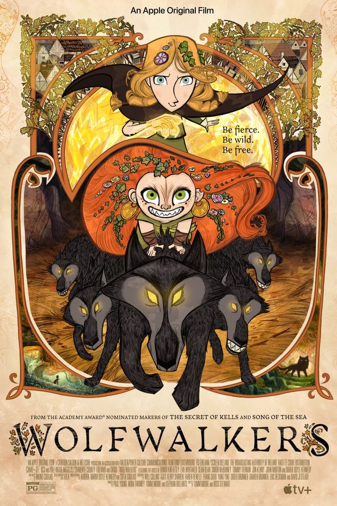 A girl with blond hair, a girl with orange hair riding on top of a pack of wolves with yellow eyes
