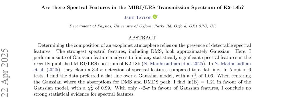 Initial paper published by Taylor 2025, the first to refute claims of signals of life in the MIRI/LRS observations of K2-18b