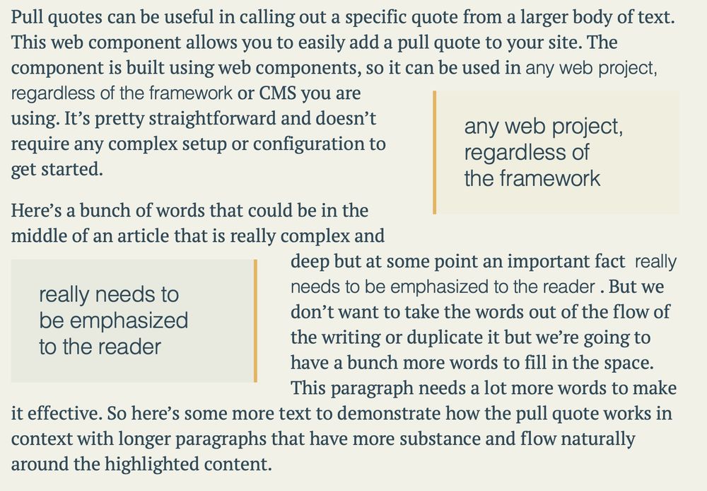 Front end showing styled pull-quotes (left and right) with existing text in content still in place.