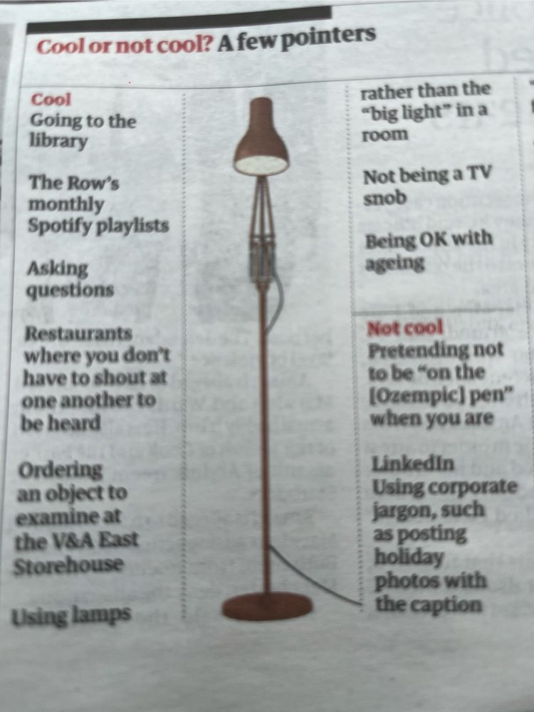 List of things that are cool and not cool from The Guardian - illustrated by a lamp. 
