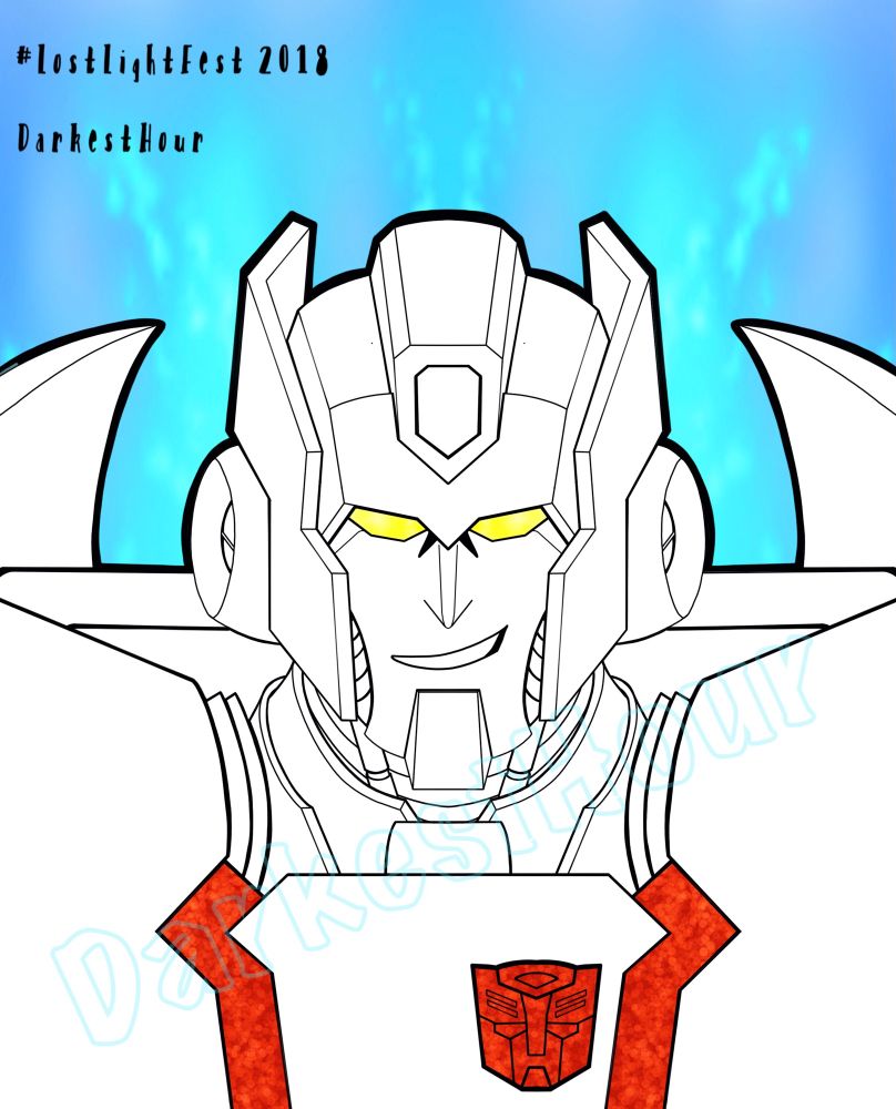 Mostly black & white digital ink head & shoulders sketch of Autobot Skids. He has yellow eyes, a red Autobot insignia and red light trims on his chest, and there is a luminescent blue background resembling a surge of spark energy. 