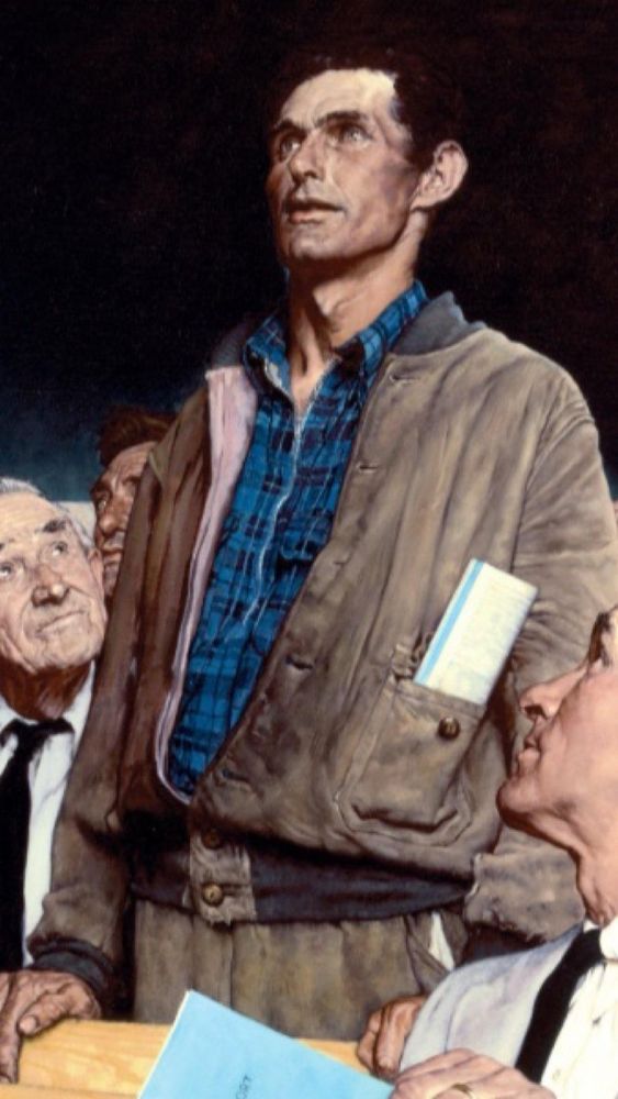 Painting of a man standing up at a Townhall meeting