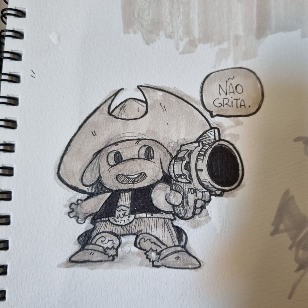 Fanart do personaem Pipoco, uma criatura baixinha que se veste de cowboy, com uma chapéu gigante, ele sorri como boboe tem em sua mão um revólver comicamente largo. E uma balão de texto acima dele diz "Não Grita."