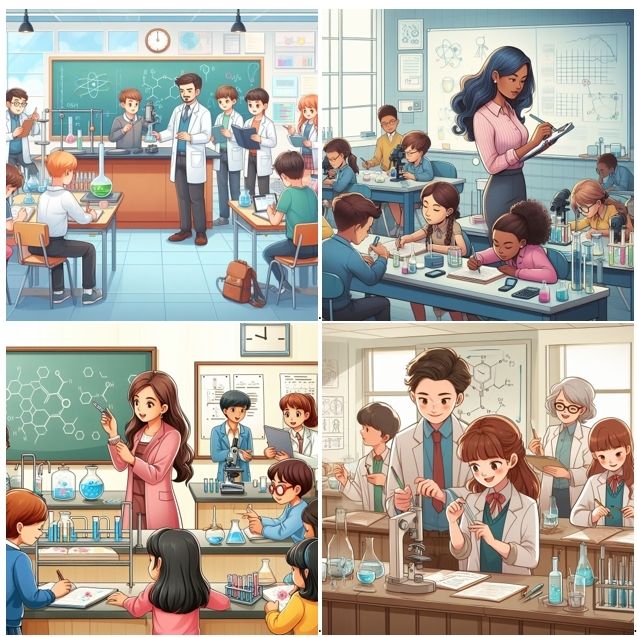 Mit KI (Bing) erstellte Collage auf den Prompt "erstelle mir ein fotorealistisches Bild davon, was du dir unter 'Empirische Bildungsforschung ' für die Schulpraxis vorstellst".
