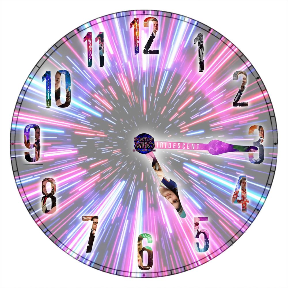 A clock face containing all 13 incarnations of the Doctor from Beyond Master Plans and a vortex-like background, with 1-12 presented as standard numbers in a clockwise position whilst the Iridescent Doctor is depicted in the clock hands