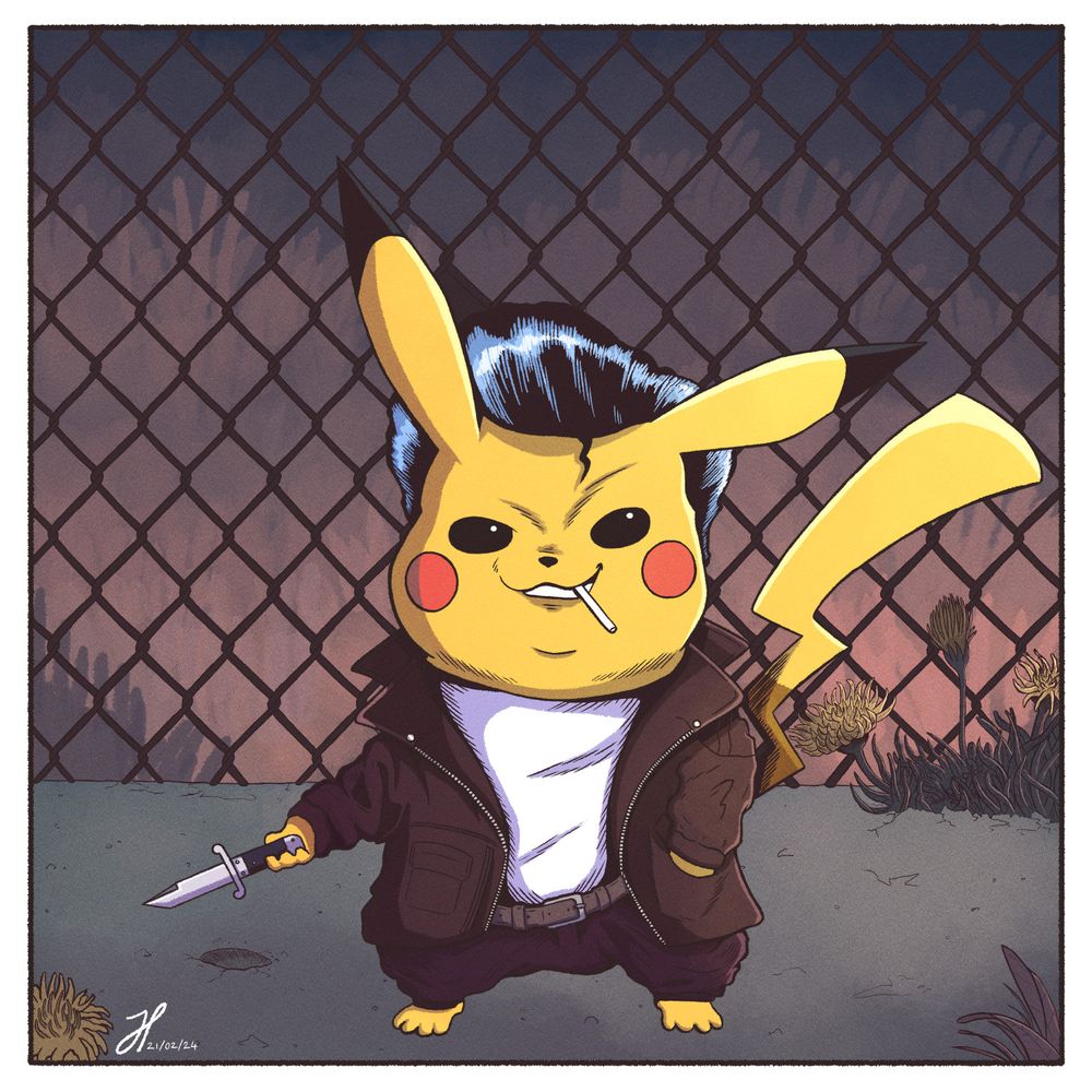 A Pikachu in a 1950's style greaser outfit and a pompadour-style wig, one paw in its jacket pocket, the other paw holding a switchblade, a cigarette dangling out of its li'l mouth, standing in front of a chain-link fence.