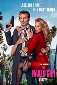 Pamela Anderson embracing Liam Nelson- poster of The Naked Gun.