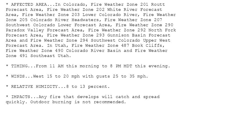 * AFFECTED AREA...In Colorado, Fire Weather Zone 201 Routt
Forecast Area, Fire Weather Zone 202 White River Forecast
Area, Fire Weather Zone 203 Lower Colorado River, Fire Weather
Zone 205 Colorado River Headwaters, Fire Weather Zone 207
Southwest Colorado Lower Forecast Area, Fire Weather Zone 290
Paradox Valley Forecast Area, Fire Weather Zone 292 North Fork
Forecast Area, Fire Weather Zone 293 Gunnison Basin Forecast
Area and Fire Weather Zone 294 Southwest Colorado Upper West
Forecast Area. In Utah, Fire Weather Zone 487 Book Cliffs,
Fire Weather Zone 490 Colorado River Basin and Fire Weather
Zone 491 Southeast Utah.

* TIMING...From 11 AM this morning to 8 PM MDT this evening.

* WINDS...West 15 to 20 mph with gusts 25 to 35 mph.

* RELATIVE HUMIDITY...8 to 13 percent.

* IMPACTS...Any fire that develops will catch and spread
quickly. Outdoor burning is not recommended.