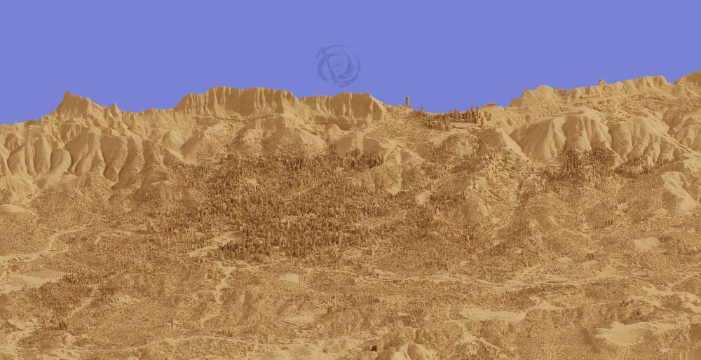 A imagem exibe uma renderização em tons de sépia do terreno e das edificações de Belo Horizonte, especificamente a porção sul, a partir de um Modelo Digital de Superfície. O centro da cidade, densamente povoado por estruturas retangulares que simulam prédios, se destaca na área central. À medida que se expande para os bairros residenciais do sul, como Mangabeiras e Belvedere, as construções se espaçam mais. A Serra do Curral forma um contorno ondulado ao fundo, marcando o término da malha urbana. Acima, um céu azul liso oferece um contraste tranquilo à paisagem urbana detalhada abaixo.