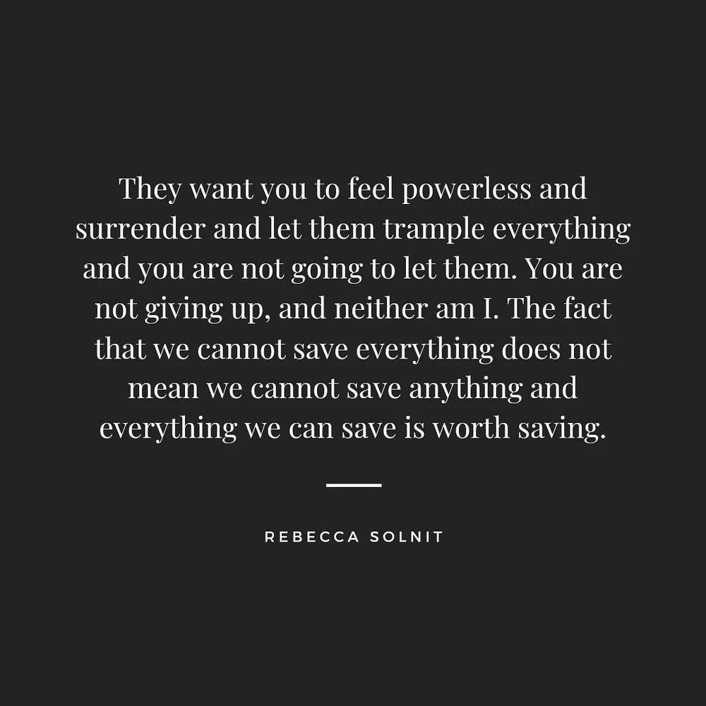 Rebecca Solnit tweet quote meme: “They want you to feel powerless and surrender and let them trample everything and you are not going to let them. You are not giving up, and neither am I. The fact that we cannot save everything does not mean we cannot save anything and everything we can save is worth saving.”