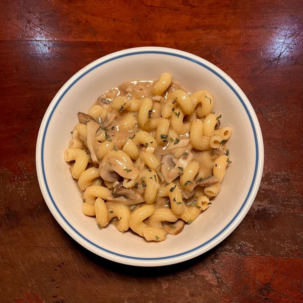 creamy baby bella mushroom sauce over cavatappi 