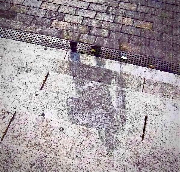 The shadow of a person walking with a cane, etched into steel and stone by the prompt radiation blast from the atomic bomb detonated over Hiroshima Japan, 70 years ago today. 
