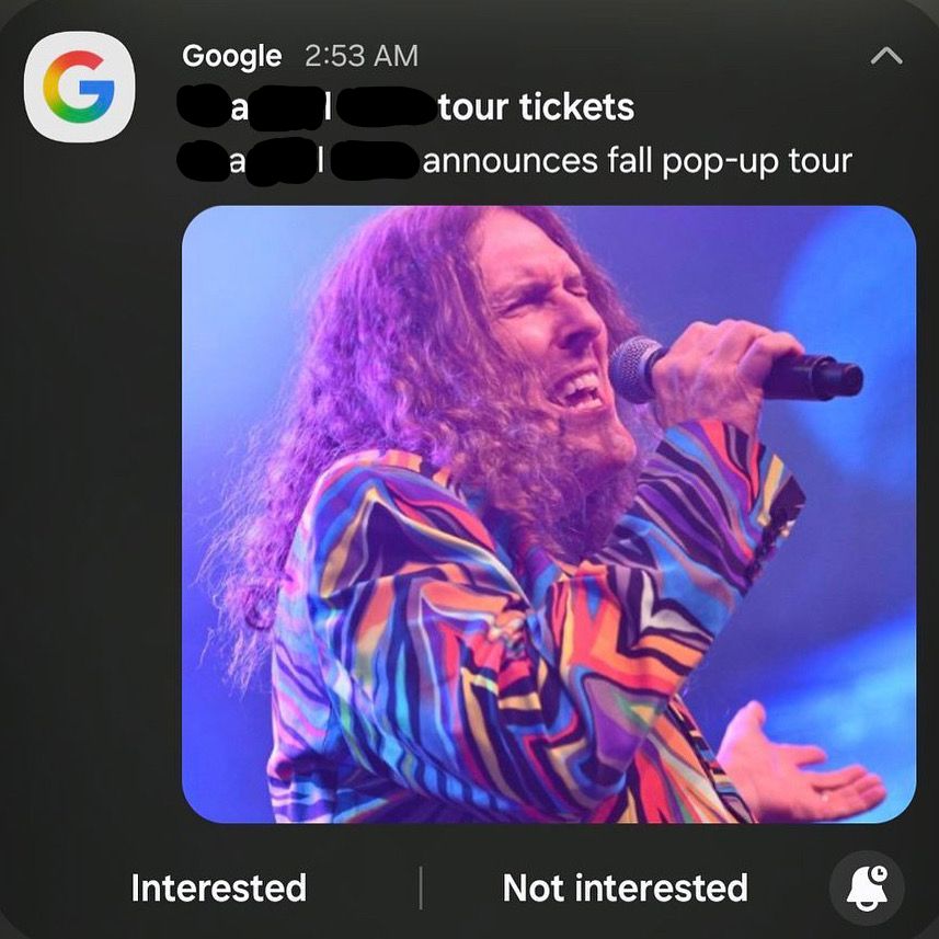 A notification with text covered to now read "al tour tickets, al announces fall pop-up tour"
