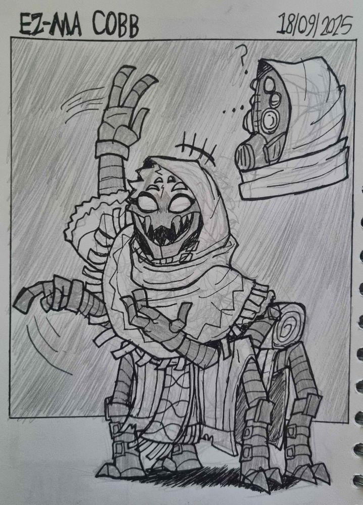 A 4 armed, 4 legged, 6 eyed spider lady wearing a bunch of robes and a scarf over a full body suit save for a mask, a bundle of cloth visible above her hind legs