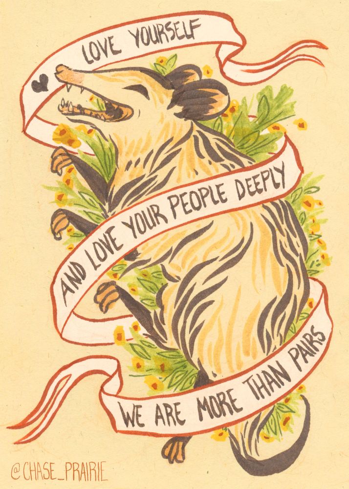 a happy possum wrapped in a text ribbon that says "love yourself and love your people deeply. we are more than pairs"