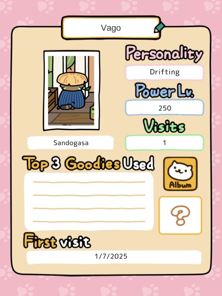 Vago. His picture is the same as the alt text before. 

Coat: Sandogasa
Personality: Drifting 
Power Level: 250
Visits: 1 

Top Three Goodies Used:
[Blank, because he's from visiting another yard]

Momento: N/A (not yet gotten) 