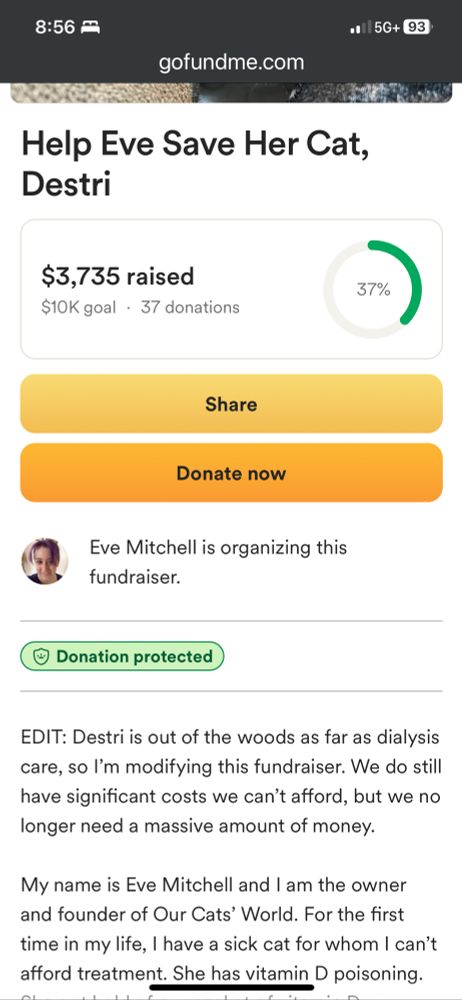 Go fund me screenshot showing $3735 raised with a $10k goal.