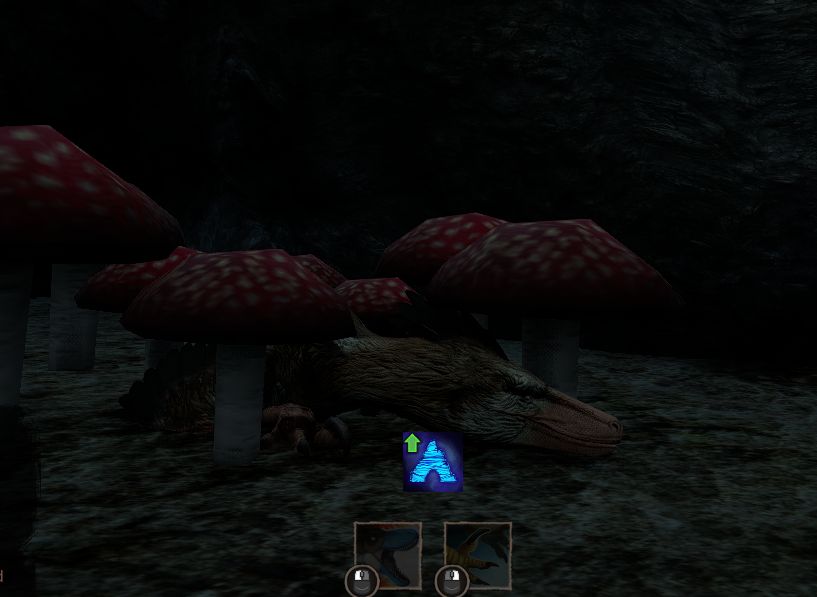 a tiny Deinonychus sleeping in a clump of mushrooms in Path of Titans