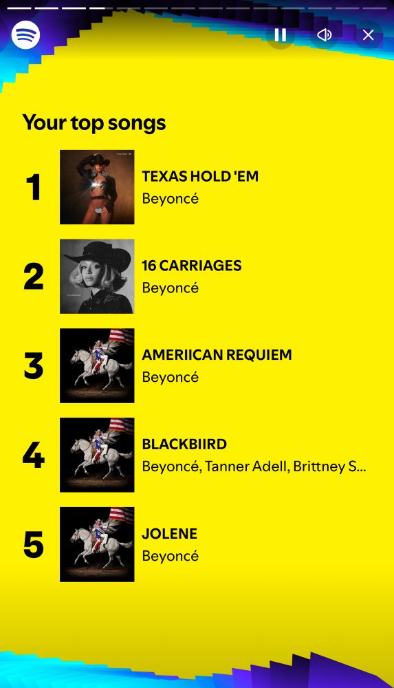 Too 5 Spotify songs are Texas Hold ‘Em, 16 Carriages, Ameriican Requiem, Blackbird, Jolene all on Beyoncé’s Cowboy Carter album
