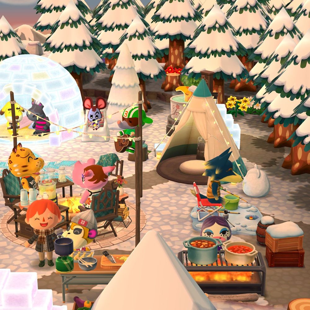 どうぶつの森ポケットキャンプコンプリートの画像。ワカサギ釣りしている後ろでは、ワカサギの天ぷらを揚げたりシチューを煮込んだりと夕飯の支度を進めています。