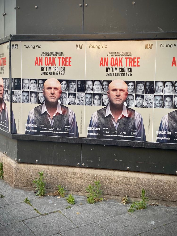 Posters for An Oak Tree at The Young Vic. By Tim Crouch, limited run from 6th May.
The image shows Tim, a man in his sixties, in a shiny waistcoat. Behind him, two rows of black-and-white headshots of the guest actors who will join him onstage. 