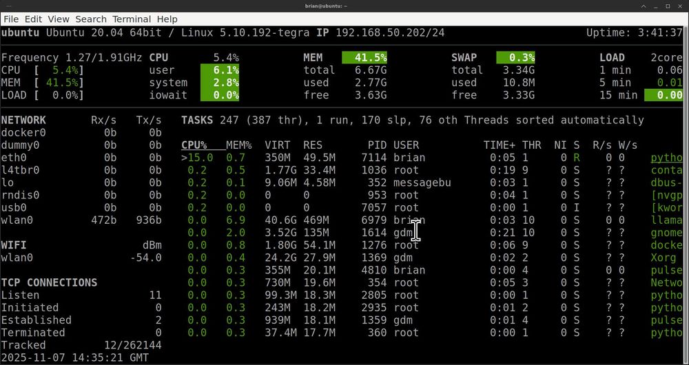 A Linux glances screenshot, showing CPU and other performance figures on an old Nvidia Xavier NX run a llama server.