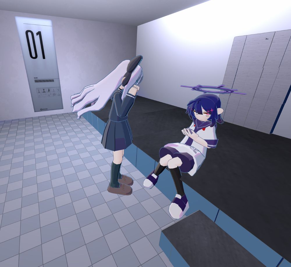 a screenshot of gogh, two girls are stuck inside a Portal test chamber, one of them is crying and the other is on her phone.