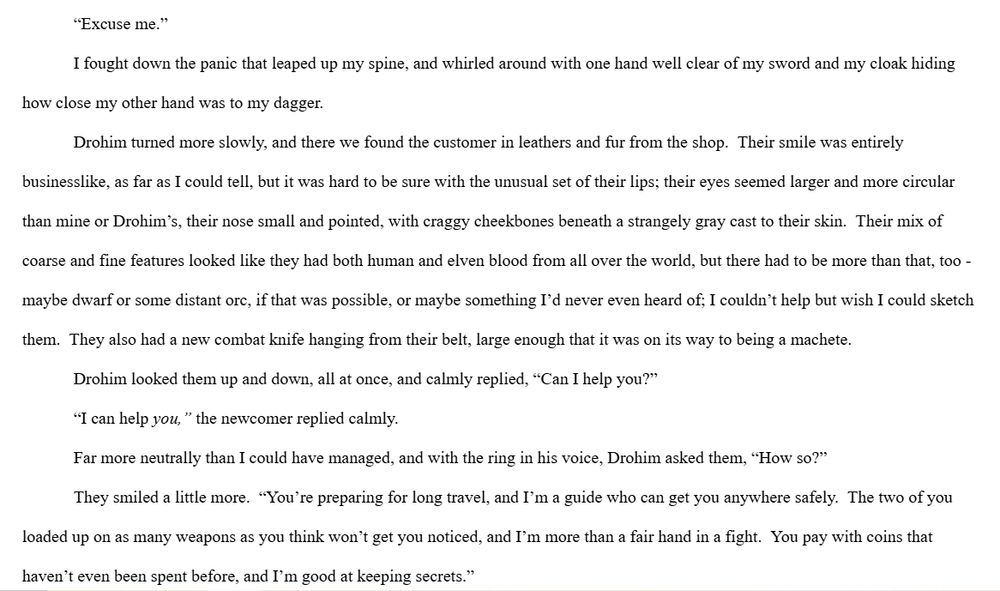 	“Excuse me.”
	I fought down the panic that leaped up my spine, and whirled around with one hand well clear of my sword and my cloak hiding how close my other hand was to my dagger.
	Drohim turned more slowly, and there we found the customer in leathers and fur from the shop.  Their smile was entirely businesslike, as far as I could tell, but it was hard to be sure with the unusual set of their lips; their eyes seemed larger and more circular than mine or Drohim’s, their nose small and pointed, with craggy cheekbones beneath a strangely gray cast to their skin.  Their mix of coarse and fine features looked like they had both human and elven blood from all over the world, but there had to be more than that, too - maybe dwarf or some distant orc, if that was possible, or maybe something I’d never even heard of; I couldn’t help but wish I could sketch them.  They also had a new combat knife hanging from their belt, large enough that it was on its way to being a machete.
	Drohim looked them up and down, all at once, and calmly replied, “Can I help you?”
	“I can help you,” the newcomer replied calmly.
	Far more neutrally than I could have managed, and with the ring in his voice, Drohim asked them, “How so?”
	They smiled a little more.  “You’re preparing for long travel, and I’m a guide who can get you anywhere safely.  The two of you loaded up on as many weapons as you think won’t get you noticed, and I’m more than a fair hand in a fight.  You pay with coins that haven’t even been spent before, and I’m good at keeping secrets.”